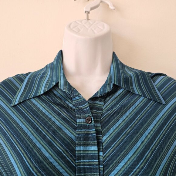 VIRUS Blue Green Teal Stripe Button Front Blouse Top Medium M - Picture 4 of 10